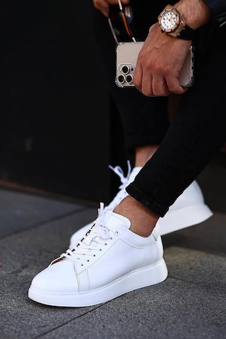 Shoetyle - Beyaz Hakiki Deri Bağcıklı Erkek Sneaker 101-7039-1258 Beyaz