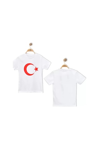 Alglıfe Unısex Çocuk Ay Yıldız Bayraklı Kısa Kol Tişört Beyaz