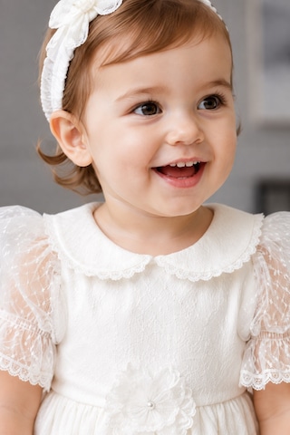 Babyhola Dantel Detay Özel Tasarım Kız Bebek Çocuk Abiye Elbise Saç Bandı Mevlüt Doğum Günü Set 7029 Ekru