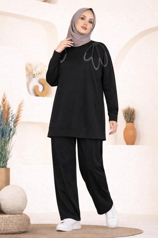Hira Life Fashion Kadın Omzu Taşlı Ve Manşet Kol Tunik-pantolon İkili Takım Siyah Siyah