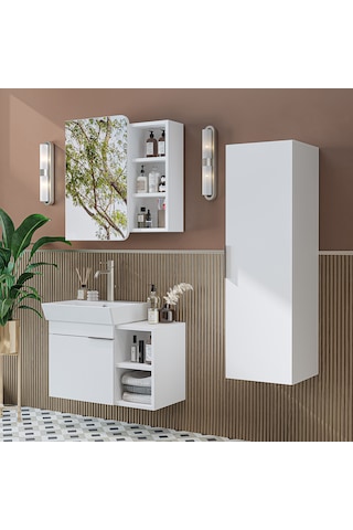 Likya Kapaklı Ve Açık Raflı Mdflam Lavabolu 72 Cm Banyo Alt Dolabı + Üst Dolabı + Banyo Boy Dolabı Beyaz Beyaz