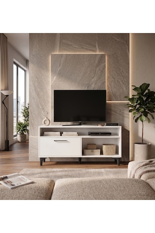 Modern Beyaz Tv Ünitesi 120 Cm - Ayaklı Ve Duvara Monte Edilebilir Çift Yönlü Kullanım