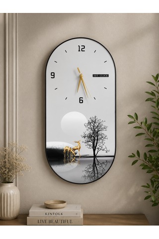 Doğanın Yansıması Geyik Temalı Dekoratif Oval Duvar Saati 60x30 Cm Modern Salon Ve Ofis Saati Siyah