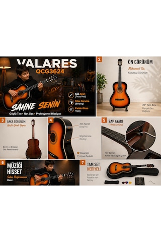 Valares Qcg3624 Klasik Gitar 39 4/4 Tam Boy Sap Ayarlı Truss Rod Köşe Korumalı Askı Aparatlı Parlak Gloss Sunburst