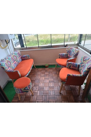 Azra Mobilya Çay Seti Koltuk Takımı - Cafe - Balkon - Bahçe - Ofis Mobilyası - Salon Oturma Grubu Karışık Desen Kiremit