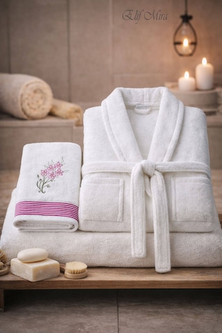 Tek Kişilik Banyo Havlulu Bornoz Seti Pamuklu Bukle Şalyaka Nuvia Beyaz