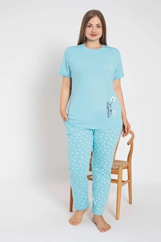 Senfoni Kadın Büyük Beden Bisiklet Yaka Kısa Kol Pamuklu Pijama Takımı 6083 -1 Adet Turkuaz