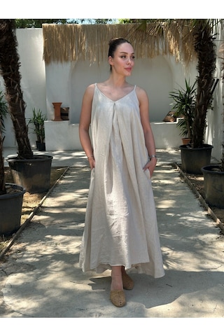 Yazlık Keten Askılı Oversize Elbise Bej