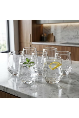 6'lı Geometrik Cam Su Ve Meşrubat Bardağı Seti - Modern Kesim Kahve Yanı Bardağı 340 Ml Çok Renkli