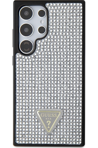 Galaxy S24 Ultra Uyumlu Kılıf Guess Lisanslı Taşlı Arka Yüzey Üçgen Logolu Kapak Pembe