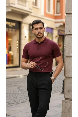 Defymoda Erkek Düğme Yakalı Kısa Kollu Pamuk Triko Tişört Altın