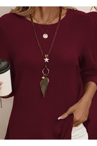 Tua Moda Kadın Uzun Kollu Yuvarlak Yaka Arkadan Düğmeli Waffle Bluz Bordo