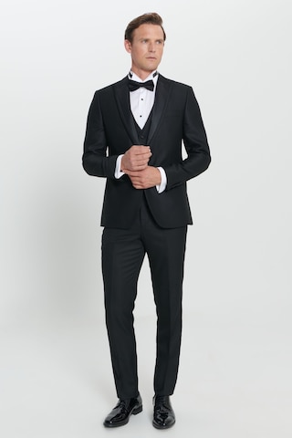 Ac&Co / Altınyıldız Classics Erkek Sıyah Slim Fit Dar Kesim Kırlangıç Yaka Desenli Yelekli Smokin Takım Sıyah Siyah