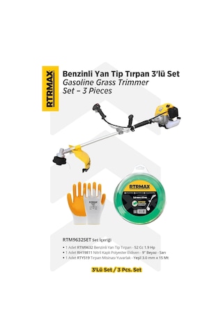 Rtrmax RTM9632SET Benzinli Yan Tip Tırpan + Eldiven + Tırpan Misinası 3'lü Set