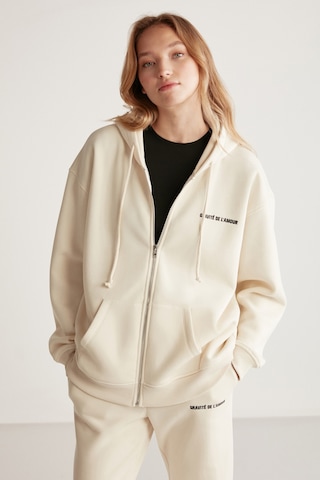 Grımelange Ametıs Kadın Oversize Organik Pamuklu Metal Fermuarlı Kapüşonlu Vanilya Sweatshirt