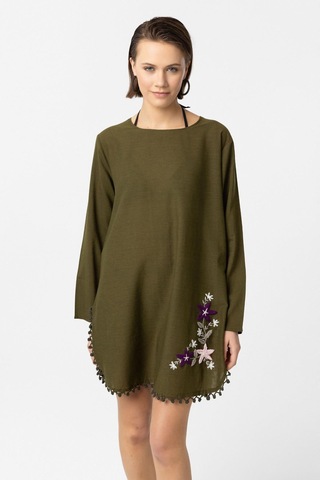 Yeşil Nakış İşlemeli Uzun Kollu Pamuklu Bluz Elbise Yeşil