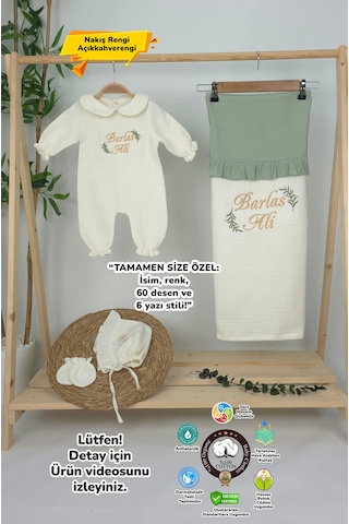 Gros Shop Müslin Yeni Doğan 4katlı Organik %100pamuk Kişiye Özgü Nakışlı Hastane Çıkış Seti İki Dal Model-1 Ekru
