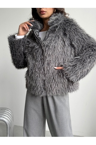 Verymoda Yapay Kürk Kadın Ceket Fermuarlı, Yumuşak Dokulu Modern Kışlık Mont F2037 Gri