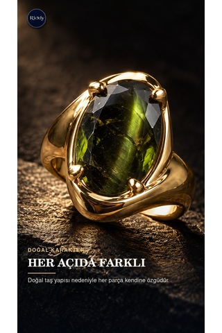 Riody Oil De Minuit Gold Kaplama Doğal Kedi Gözü Taşlı Açık Form Kadın Yüzük Altın Sarısı