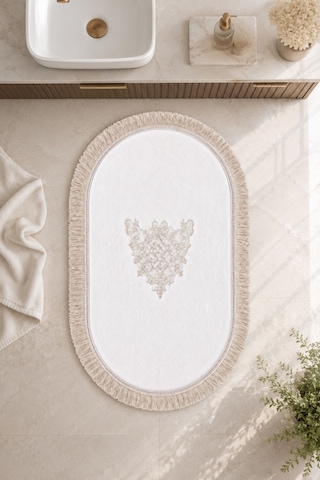 Beyaz İşlemeli Kaymaz Deri Tabanlı Oval Banyo Paspası Püsküllü Saçaklı Yıkanabilir Banyo Takımı Blec