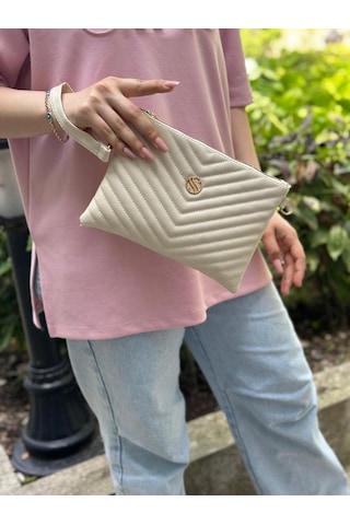 Kadın Suni Deri Krem Renkli Ayarlanabilir Çapraz Ve El Askılı Portföy, Clutch Çanta Krem