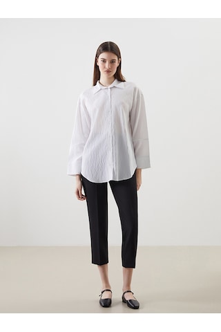 Lcw Modest Ekru Çizgili Oversize Kadın Gömlek Tunik