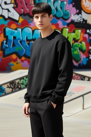 Benerly Erkek Bisiklet Yaka Düşük Kol Oversize Kalın Nakışlı Sweatshirt F siyah