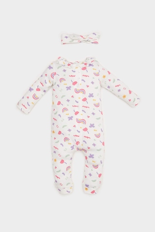 DeFacto Kız Bebek Yenidoğan 2'li Tulum Gökkuşağı Baskılı Waffle Uzun Kollu Tulum Saç Bandı E2379A525SPER105 Ekru