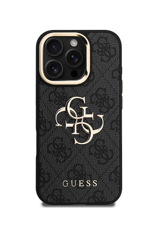 Apple Uyumlu iPhone 16 Pro Max Kılıf Guess Lisanslı Metal 4g Ve Yazı Logolu Kamera Standlı Kapak Siyah