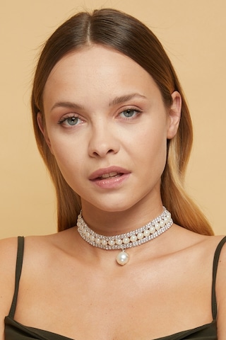 Furtek Aksesuar Kadın İnci Model Zirkon Taşlı Gümüş Choker Tasma Kolye Gerdanlık Altın