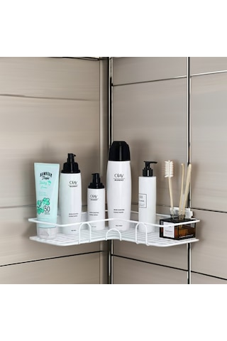 Tekli Geniş Banyo Rafı L Tasarım Banyo Düzenleyici Yapışkanlı Çok Amaçlı Köşe Rafı Organizatör Beyaz