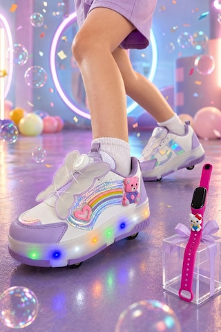 Muggo Colourful Çocuk Işıklı Patenli Tekerlekli Sneaker Spor Ayakkabı Lila