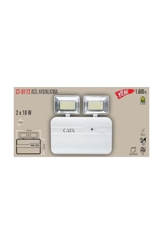 Cata Ct-9172 Acil Aydınlatma Armatürü, Şarjlı, 2 Kademe Işık, 2200 Lümen, 2x10w, Beyaz