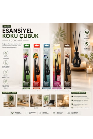 Niyebu Esansiyel Koku Çubuk 3 Adet Botanic - Sandal - Deniz Esinti - Mango - Buble Gum - 60'li Paket Diğer