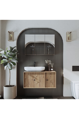 Oval Lavabolu Mat Mdf 90 Cm Çekmeceli Dolap + Aynalı Dlp Atl Atlantik Çam