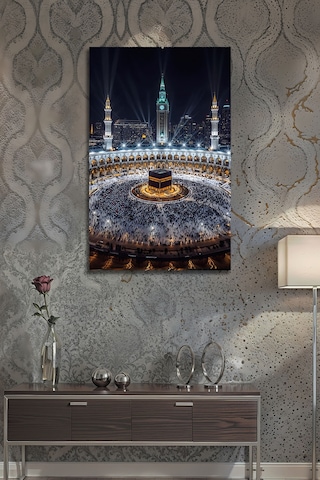 Kabe-i Şerif Ve Mekke Saat Kulesi Gece Görünümü Cam Tablo Dini Duvar Dekoru İslami Motifli Dekoratif Duvar Tablosu, Salon Ve İbadet Alanı Dekoru,