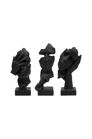 Tenfowee Koyu Siyah Modern Sanat Figürü Seti - Sessizlik, Görmememe, Düşünme Temalı Resin Heykel Dekor 3 Parça