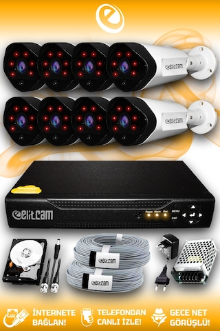 Elitcam 8 Kameralı Uzay 8 Dış Kamera Set 320 GB HDD Full HD Gece Görüşlü Güvenlik Kamerası Sistemi