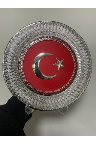 Türk Bayrağı Dekoratif Tabak, Gümüş Rengi Desenli Çerçeve, Kırmızı Ay Yıldız Motifli, 21 Cm, Standlı Genel