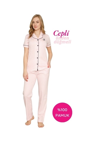 Kadın Pembe Beyaz Çizgili Gömlek Yaka Önden Düğmeli %100 Pamuk Kısa Kol Cepli Pijama Takımı Pembe