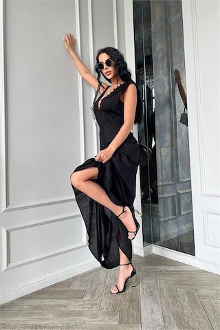 Neşeli Butik Kadın Düğme Detaylı Kolsuz Tasarım Elbise Nbemp2774 Siyah