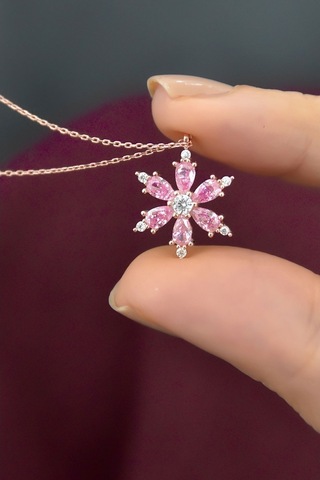 925 Ayar Gümüş Pembe Taşlı Kamelya Çiçeği Kadın Kolye (487912718)