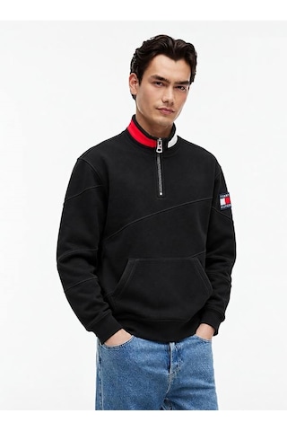 Tommy Hilfiger Yarım Fermuar Dik Yaka Sweatshirt Siyah