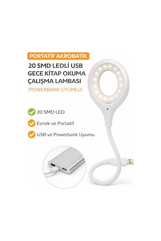 Ecuy Portatif Akrobatik Usb Led Okuma Ve Çalışma Lambası 20 Smd Led Powerbank Uyumlu 5000k Doğal Işık Beyaz