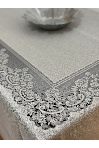 Çini Desenli Dertsiz Leke Tutmaz Dantelli Masa Örtüsü Gümüş