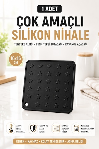 Siyah Silikon Nihale 16x16cm Çok Amaçlı Tencere Tava Altlığı Fırın Tepsi Tutacağı Kavanoz Açacağı Ev