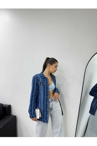 Shevega Kadın Çizgili Mavi Işlemli Boyfriend Kot Ceket Mavi