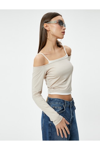 Koton Askılı Madonna Yaka Omzu Açık Tişört Uzun Kollu Renk Kontrastlı Slim Fit Kahverengi 4sal10694ık Kahve