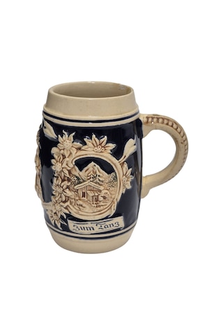Vintage Tankart Dağ Evi Ve Çiçek Temalı Alman Seramik Bira Bardağı 11,8cm 006