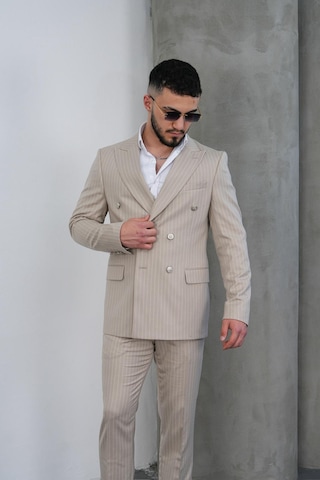 Dupont Classics Dupont Slim Fit Sivri Yaka 6 Drop Çift Yırtmaç Çizgili Viskon Kruvaze Erkek Takım Elbise Bej